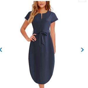 Bokaly Midi blue Dress Side Slit  with Belt,med